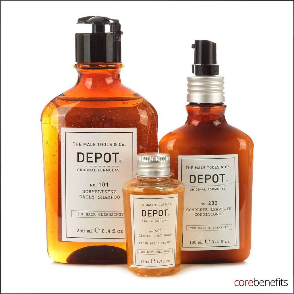 HAIR & BODY KIT | Shampoo | 202 Leave-in Conditioner | 601 Body Wash Shampoo & Conditioner Sets Depot - The Male Tools & Co. 101 Normalising Shampoo | 202 Leave-in Conditioner | 601 Black Pepper Body Wash 