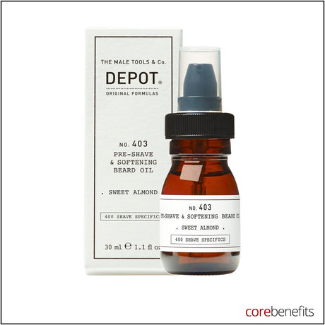 DEPOT No. 403 Pre-Shave & Softening Beard Oil Sweet Almond 30ml retail packaging on white background