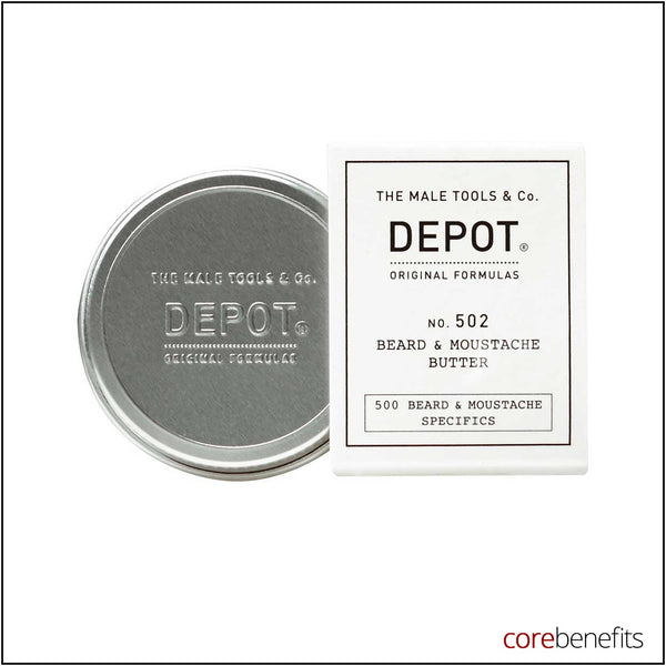 DEPOT No. 502 Beard and Moustache Butter 30ml retail tin and carton on white background