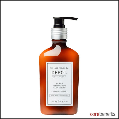 DEPOT No. 604 Citrus & Herbs Moisturising Hand Lotion 200ml amber pump bottle on white
