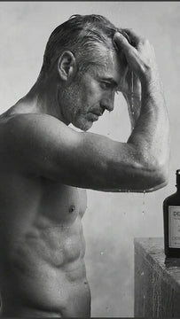 Man washing his hair in the shower using DEPOT® No. 110 Black Shampoo to reduce warm tones and maintain ash hair colour
