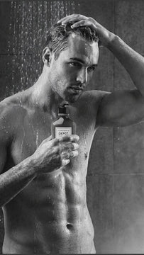 Man washing hair using DEPOT No.107 White Clay Sebum Control Shampoo designed to absorb excess oil and purify greasy scalp