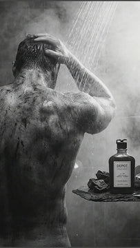 Video of man washing his hair with DEPOT® No. 108 Detoxifying Charcoal Shampoo 250ml in the shower after a long day working
