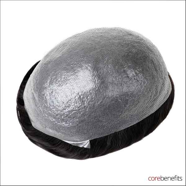 Close-up of The Dominator Hair System, a men's wig by Core Benefits Toowoomba, showcasing the 0.06mm poly thin skin base designed for unrivaled realism and a natural hairline. This men's hair piece provides a seamless look.