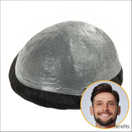 The Dominator Hair System, a men's hair system by Core Benefits Toowoomba, with a 0.06mm poly thin skin base, offering unparalleled comfort and a realistic appearance, ideal for those searching for men's wigs or toupees in Toowoomba.