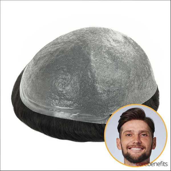 The Dominator Hair System, a men's hair system by Core Benefits Toowoomba, with a 0.06mm poly thin skin base, offering unparalleled comfort and a realistic appearance, ideal for those searching for men's wigs or toupees in Toowoomba.