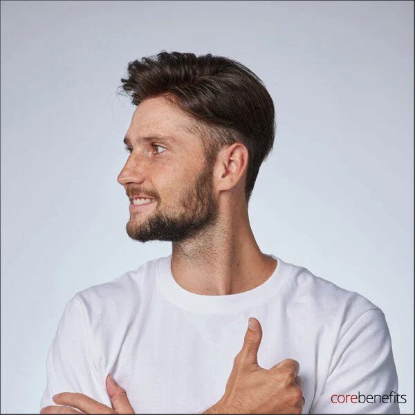 Left side view of The Dominator Hair System, a men's hair system by Core Benefits Toowoomba, featuring a secure fit and natural hair movement with a 0.06mm poly thin skin base, perfect for men's hair replacement needs.