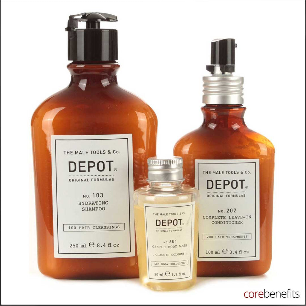HAIR & BODY KIT | Shampoo | 202 Leave-in Conditioner | 601 Body Wash Shampoo & Conditioner Sets Depot - The Male Tools & Co. 103 Hydrating Shampoo| 202 Leave-in Conditioner | 601 Classic Cologne Body Wash 